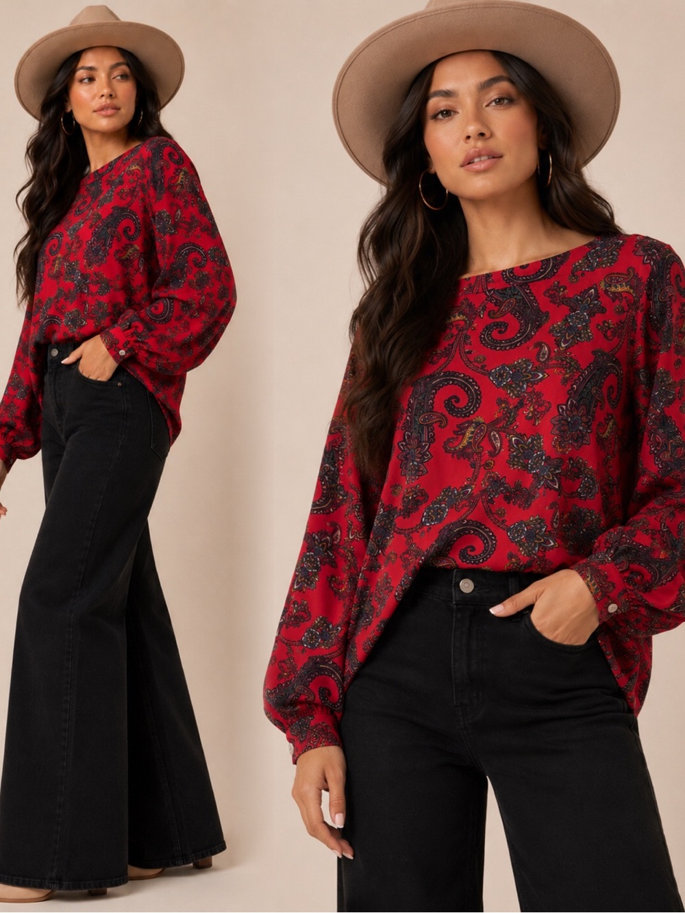 LOFT Red Paisley Balloon-Sleeve Tunic